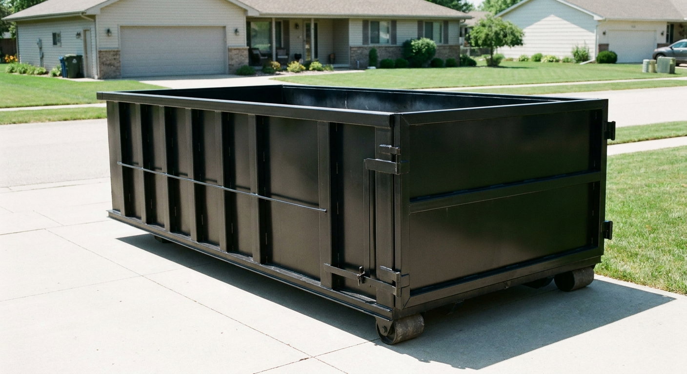 Matte-black 10-yard roll-off dumpster on a residential concrete driveway in Lakewood, uniformly painted matte black across every panel and rail, ribbed steel sidewalls and rear swing door visible, mid-day daylight.