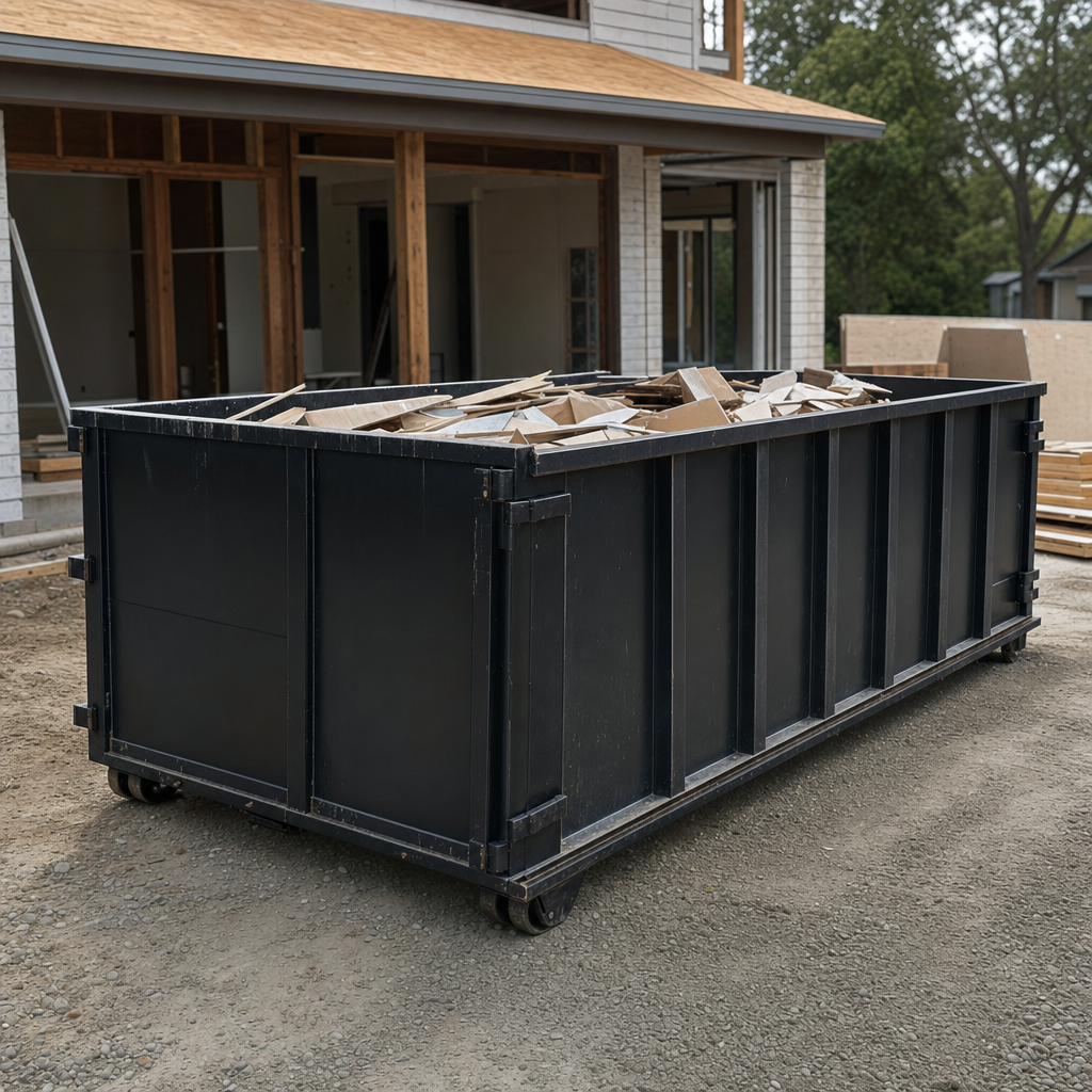 Large matte-black 30-yard construction roll-off dumpster at an active Lakewood jobsite, steel-gray top rails and bottom rollers visible, loaded with construction debris.