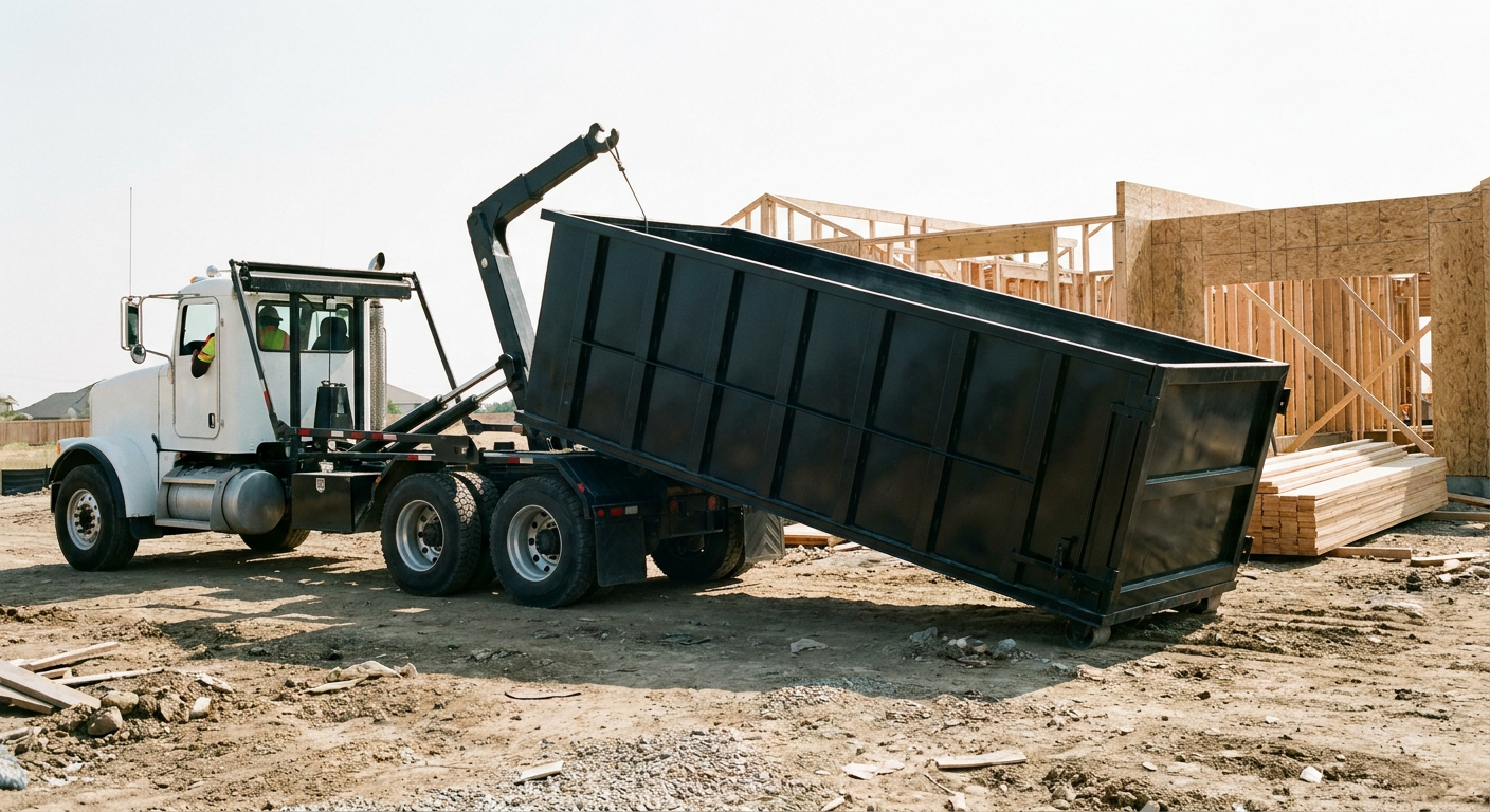 Matte-black roll-off dumpster being delivered onto a clean residential concrete driveway in Lakewood by an unmarked white hooklift hauler truck, bright morning daylight, documentary 35mm perspective.